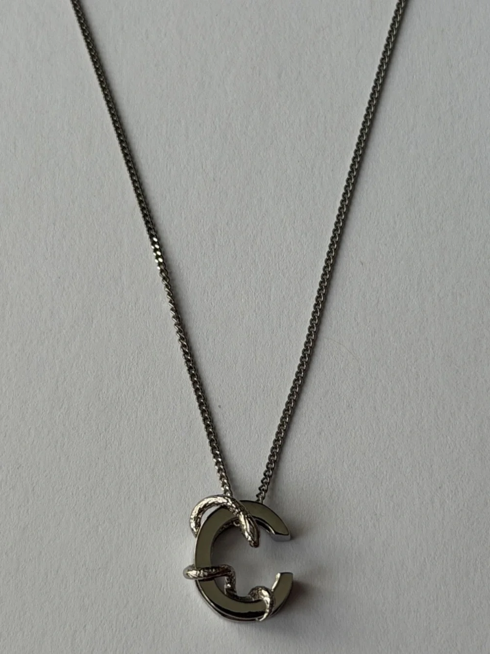 Saint Laurent YSL Sterling Silver C Initial Letter Snake Pendant Chain Necklace